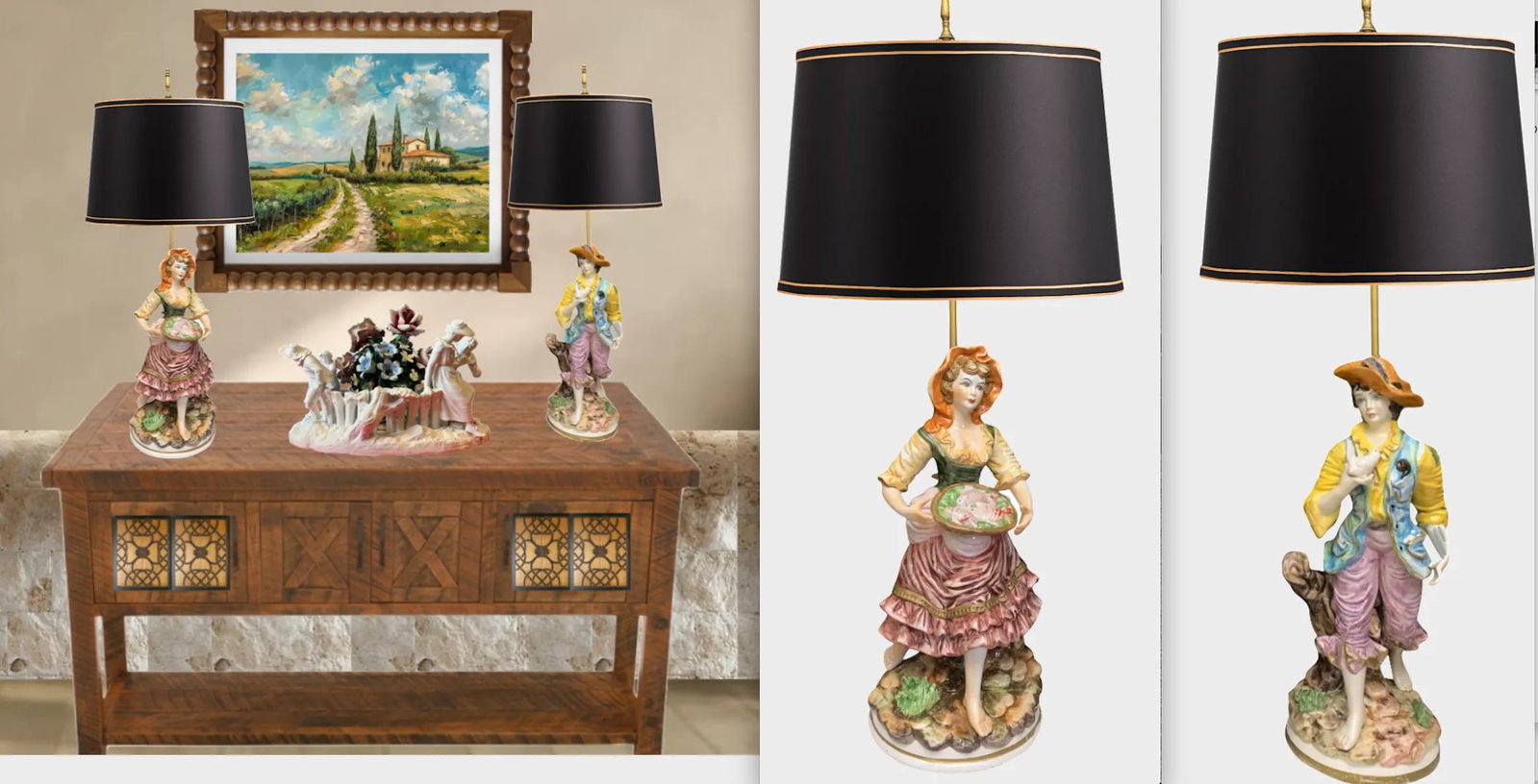 Mid-Century Capodimonte Porcelain Table Lamp- Villagers: Young Man and Lady-A Pair - 11