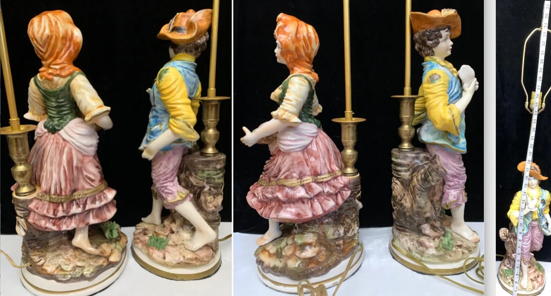 Mid-Century Capodimonte Porcelain Table Lamp- Villagers: Young Man and Lady-A Pair - 12