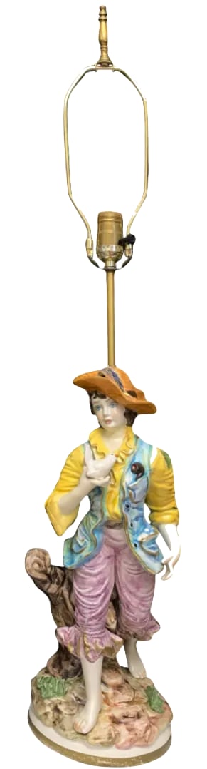 Mid-Century Capodimonte Porcelain Table Lamp- Villagers: Young Man and Lady-A Pair - 3