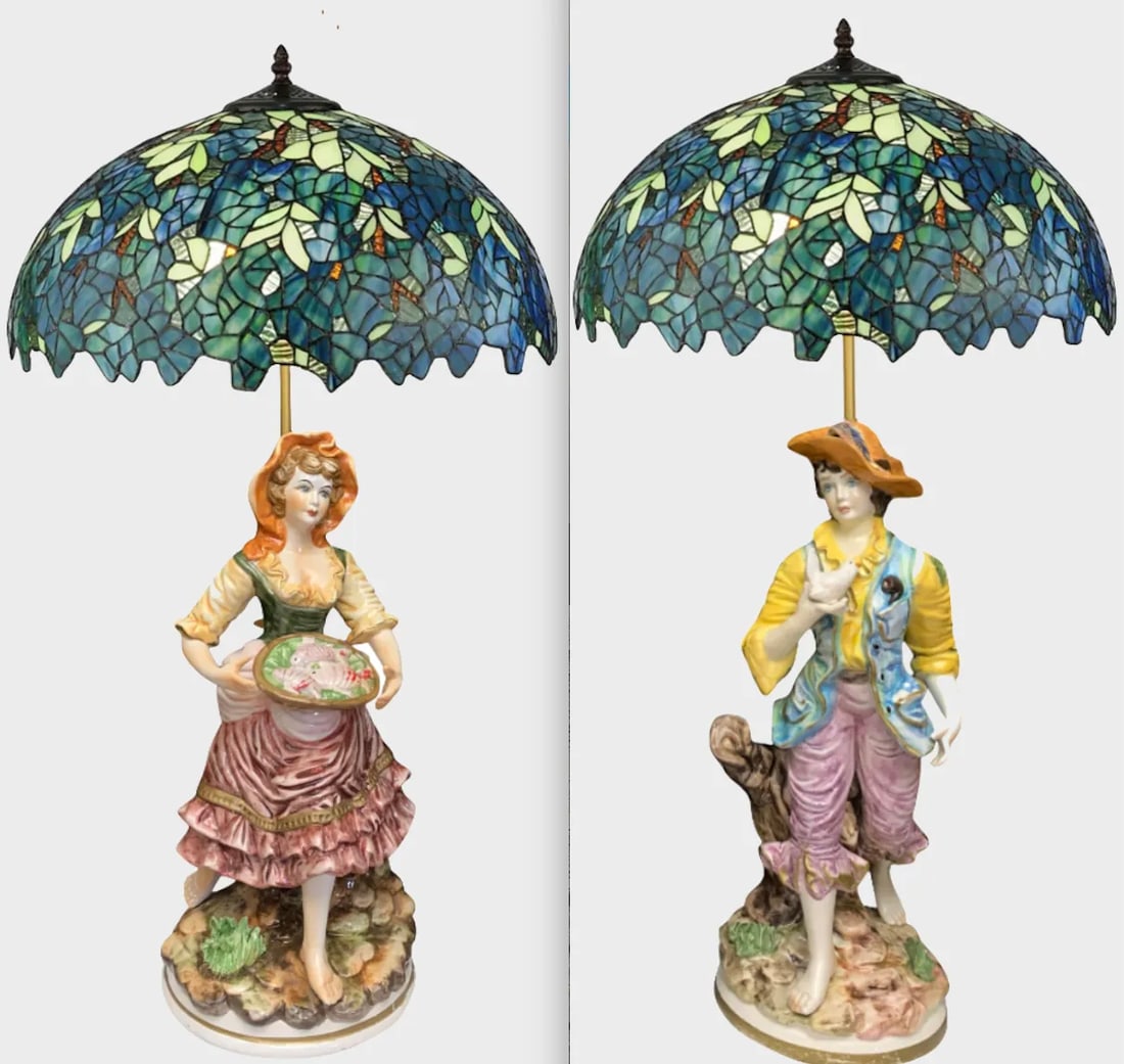 Mid-Century Capodimonte Porcelain Table Lamp- Villagers: Young Man and Lady-A Pair - 4