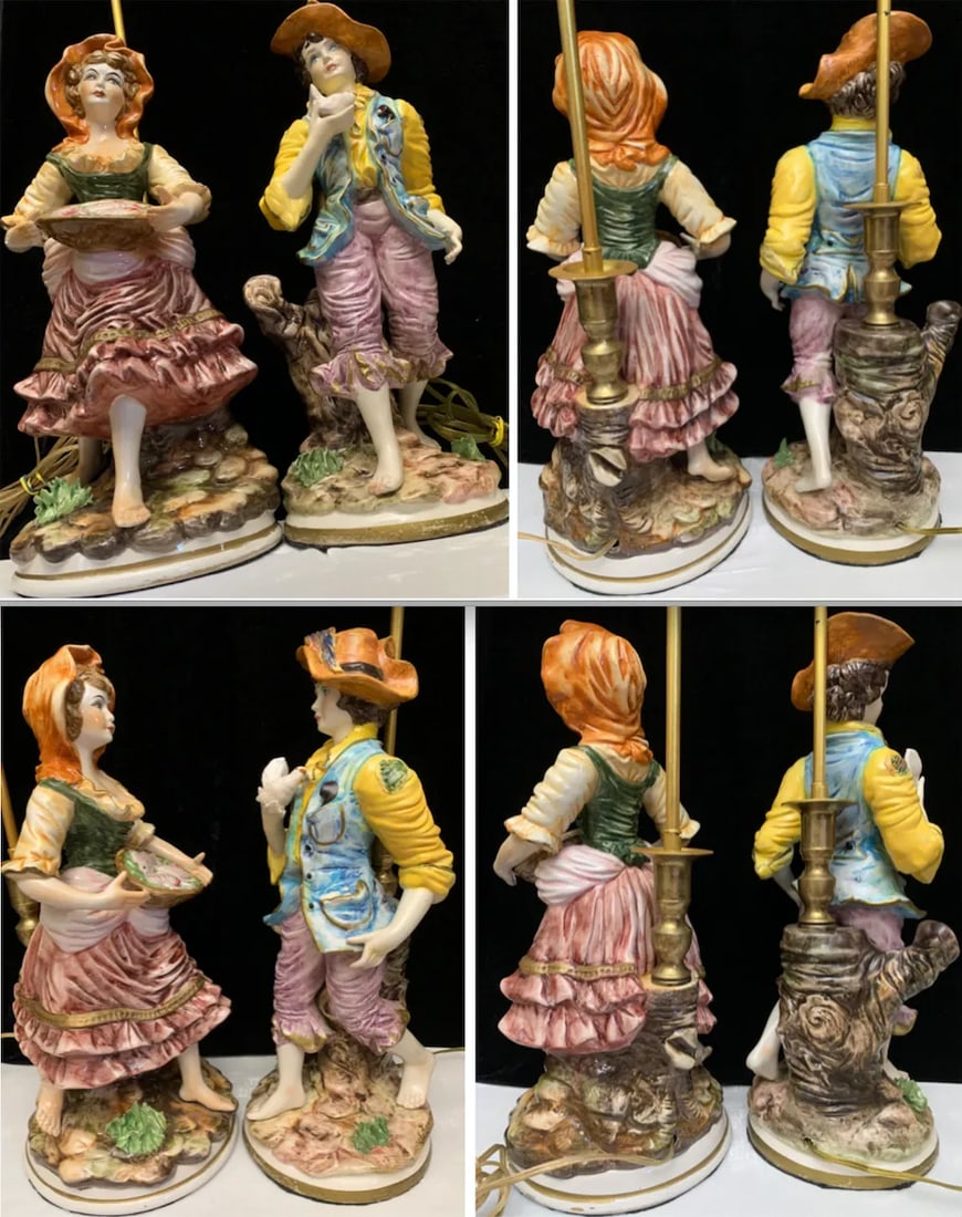 Mid-Century Capodimonte Porcelain Table Lamp- Villagers: Young Man and Lady-A Pair - 6