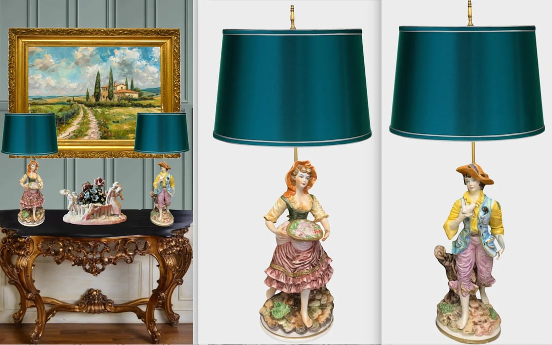 Mid-Century Capodimonte Porcelain Table Lamp- Villagers: Young Man and Lady-A Pair - 7
