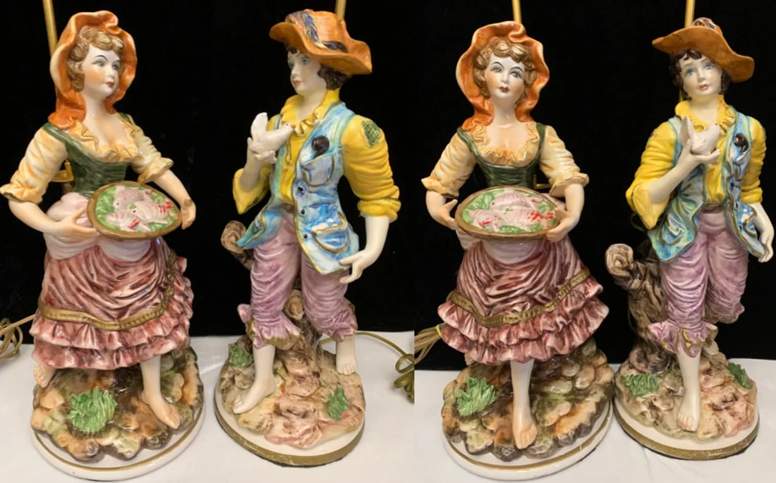Mid-Century Capodimonte Porcelain Table Lamp- Villagers: Young Man and Lady-A Pair - 8