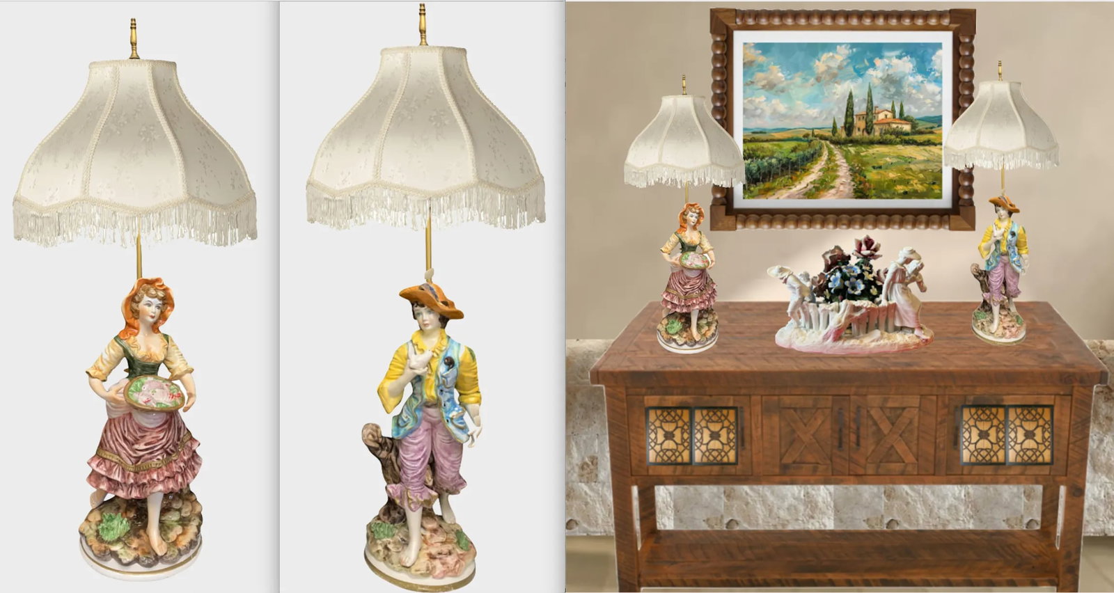 Mid-Century Capodimonte Porcelain Table Lamp- Villagers: Young Man and Lady-A Pair - 9