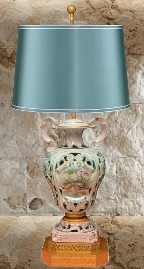 Mid-Century Capodimonte Porcelain Table Lamp- Courting Couple Pastoral Scene - 4