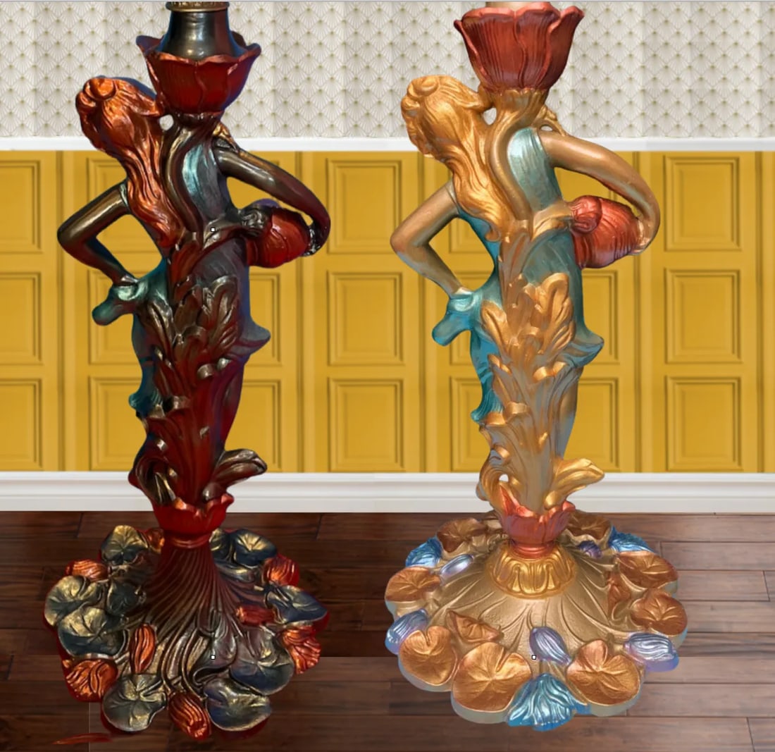 Vintage Water Nymph Spelter Table Lamps - a Pair - 11