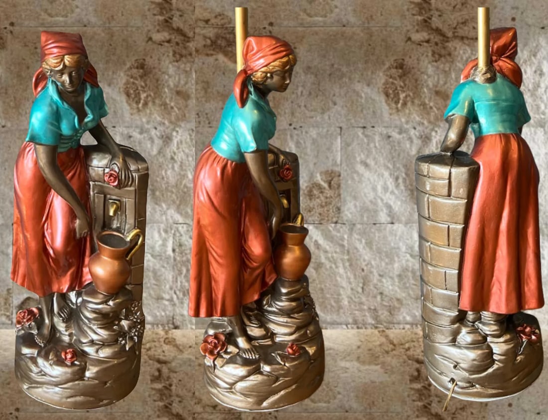 Vintage Chalkware Table Lamp: Villagers Fetching Water- a Pair - 10