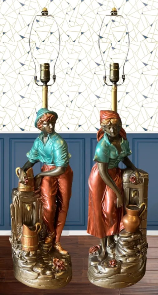 Vintage Chalkware Table Lamp: Villagers Fetching Water- a Pair - 2