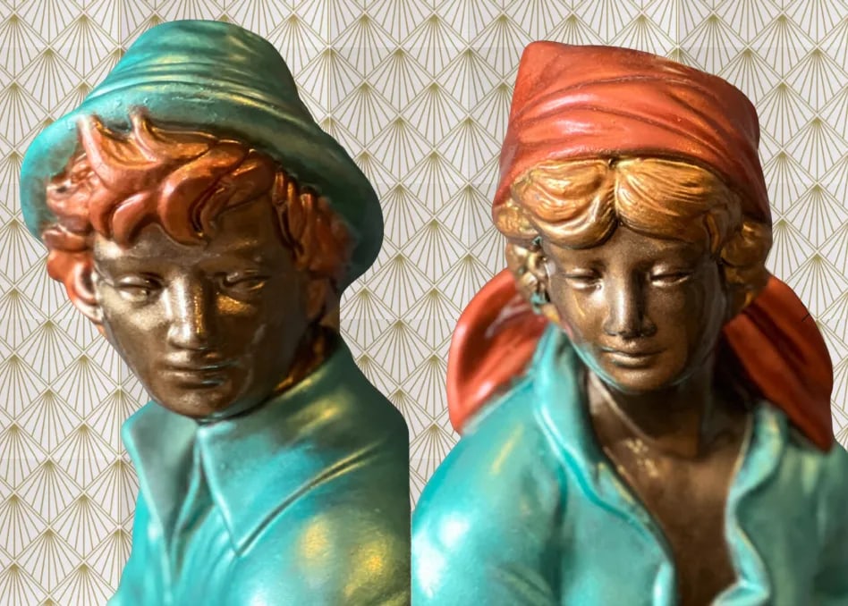 Vintage Chalkware Table Lamp: Villagers Fetching Water- a Pair - 3