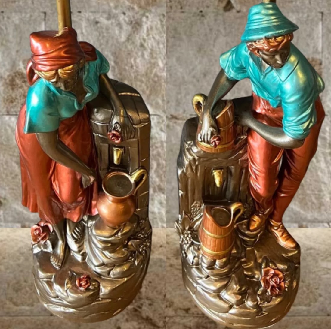 Vintage Chalkware Table Lamp: Villagers Fetching Water- a Pair - 7