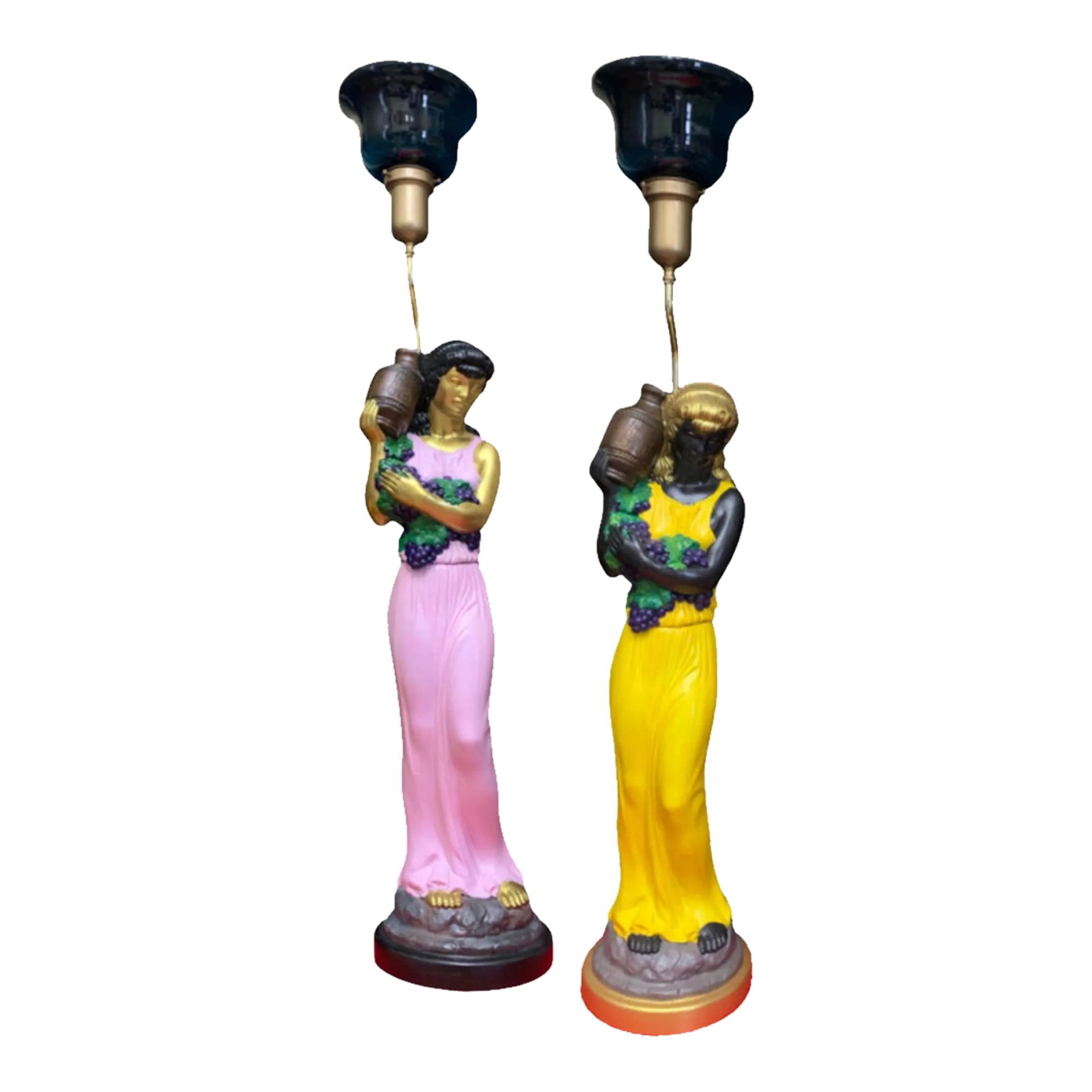 Vintage Greek Goddess Torchiere Table Lamps - a Pair: These tall mid-century torchiere lamps embody ancient mythology, by depicting two goddess sculptures each standing elegantly at 25 inches tall. One goddess, with a rich bronze complexion and flowing g