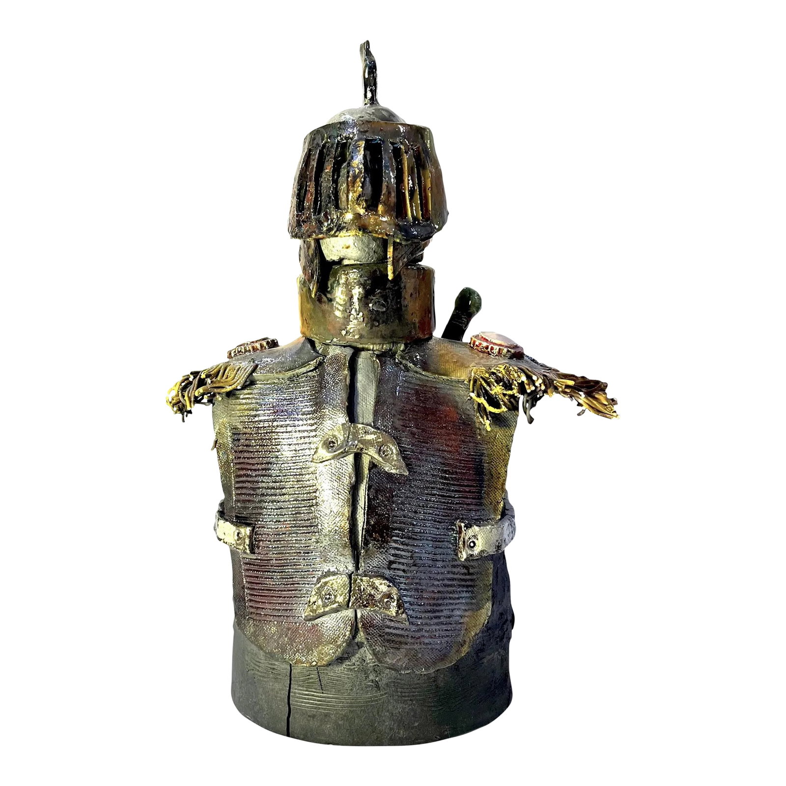 Dark Knight Bust - 1980's Brutalist Raku Glazed Studio Pottery: This unique brutalist r pottery torso figure of a "Dark Knight" features an intricate design that has been glazed through the "Raku" firing technique. Unsigned, this piece was created by Carl "Pork" L