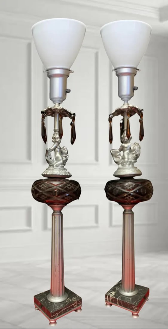 Vintage Putti Riding a Fish - Torchiere Column Lamp- a Pair - 10