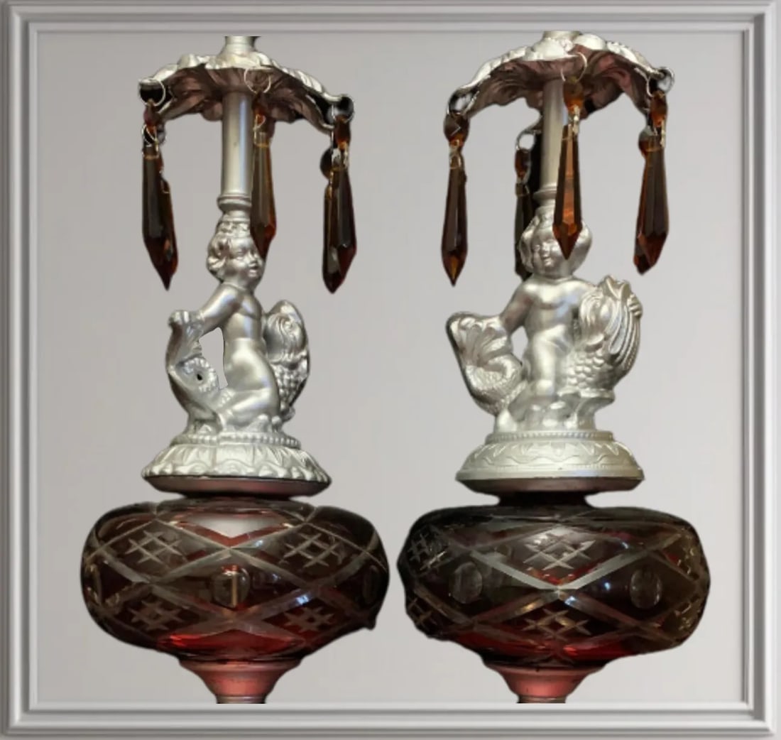 Vintage Putti Riding a Fish - Torchiere Column Lamp- a Pair - 2