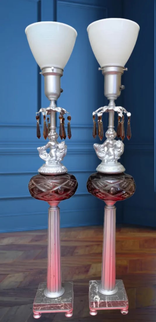 Vintage Putti Riding a Fish - Torchiere Column Lamp- a Pair - 7