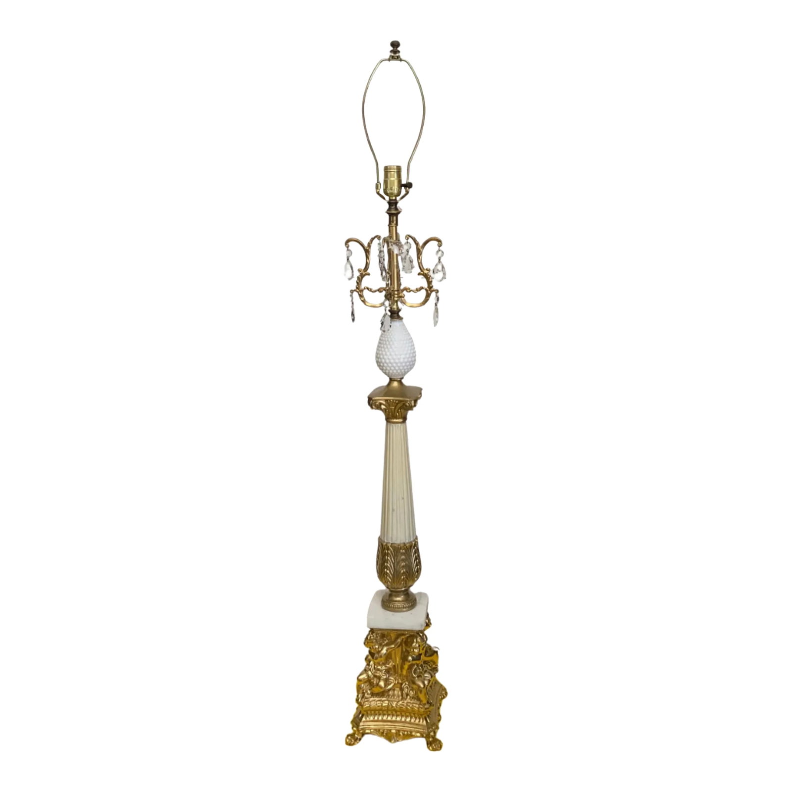 Vintage Corinthian Column Table Lamp: This striking neoclassical column table lamp is a masterful fusion of craftsmanship and elegant design, created using a variety of vintage lamp components. It is truly one-of-a-kind, skillfully constr