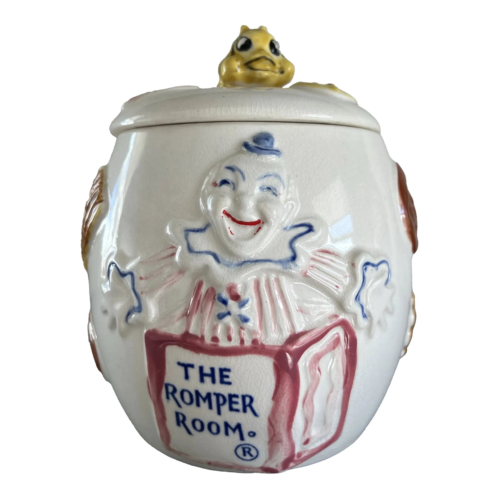 Rare 1950s Romper Room Do Bee Cookie Jar: Wonderful old cookie jar from the TV show Romper Room. You will find Do Bee right on top! The show started in 1953. Laurel Sales of Cleveland Ohio marketed this Japanese made cookie jar in the 1950s. 