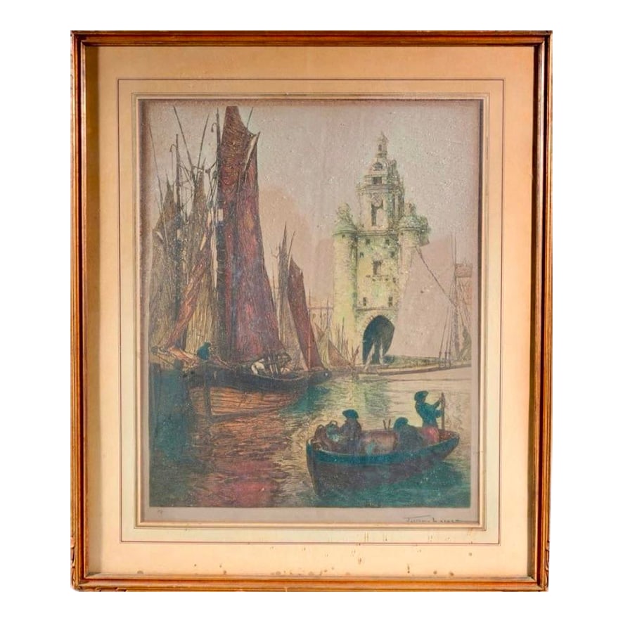 Early 20th Century Framed Antique Lithograph by Julien Lacaze: Framed lithograph by Julien Lacaze (1886-1971) signed to plate lower right, pencil numbered 74 lower left. Provenance: Private Seal Beach, CA collection. Condition: Alterations: Original Condition