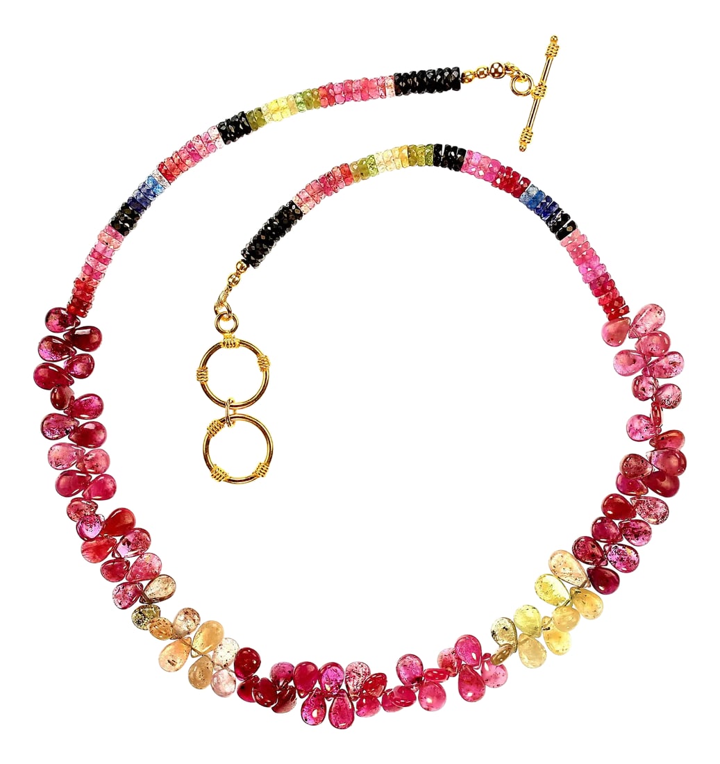 Multi Color Sapphires Briolette and Round Necklace: Unique, Sparkling Multi-Color Sapphire Necklace Radiating charm and elegance, this one-of-a-kind necklace features smooth sapphire briolettes in captivating shades of rosy red, blush pink, and soft
