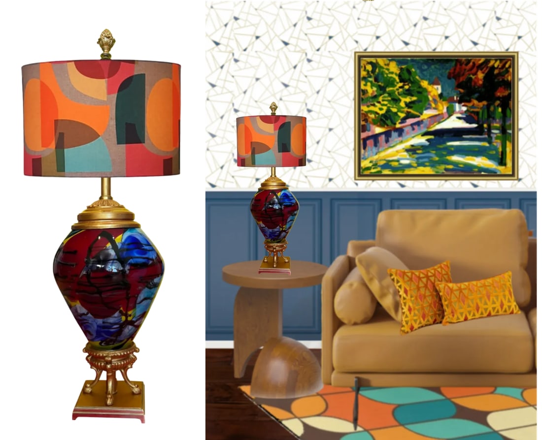 Art Glass Brass Abstract Multicolor Table Lamp - 7