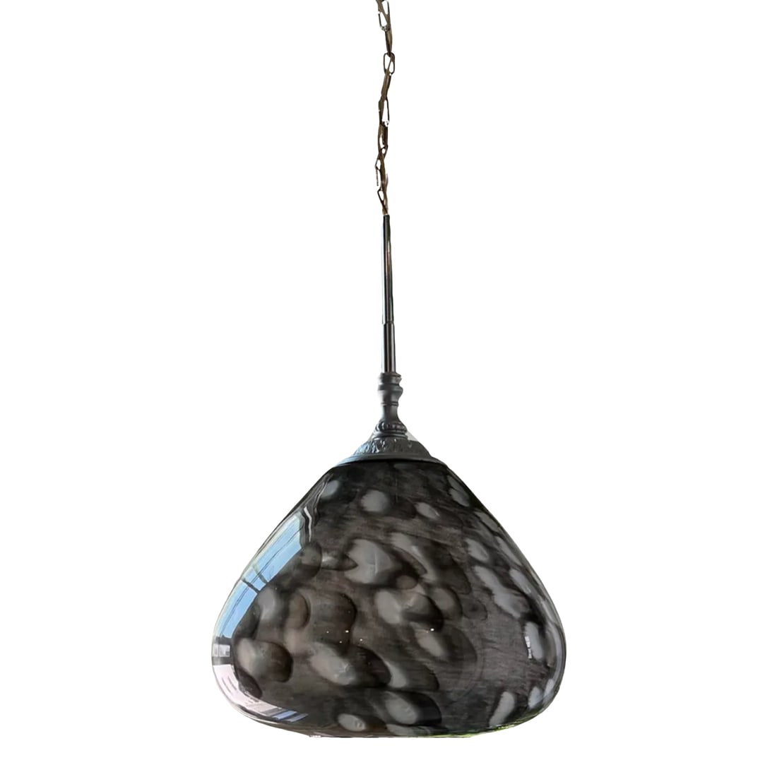 Vintage Abstract Gray White Oval Design Art Glass Pendant Light: This stunning, one-of-a-kind pendant lamp blends vintage charm with a mid-century aesthetic, showcasing a custom design that truly stands out. The centerpiece is the large, hand-blown Murano-style art