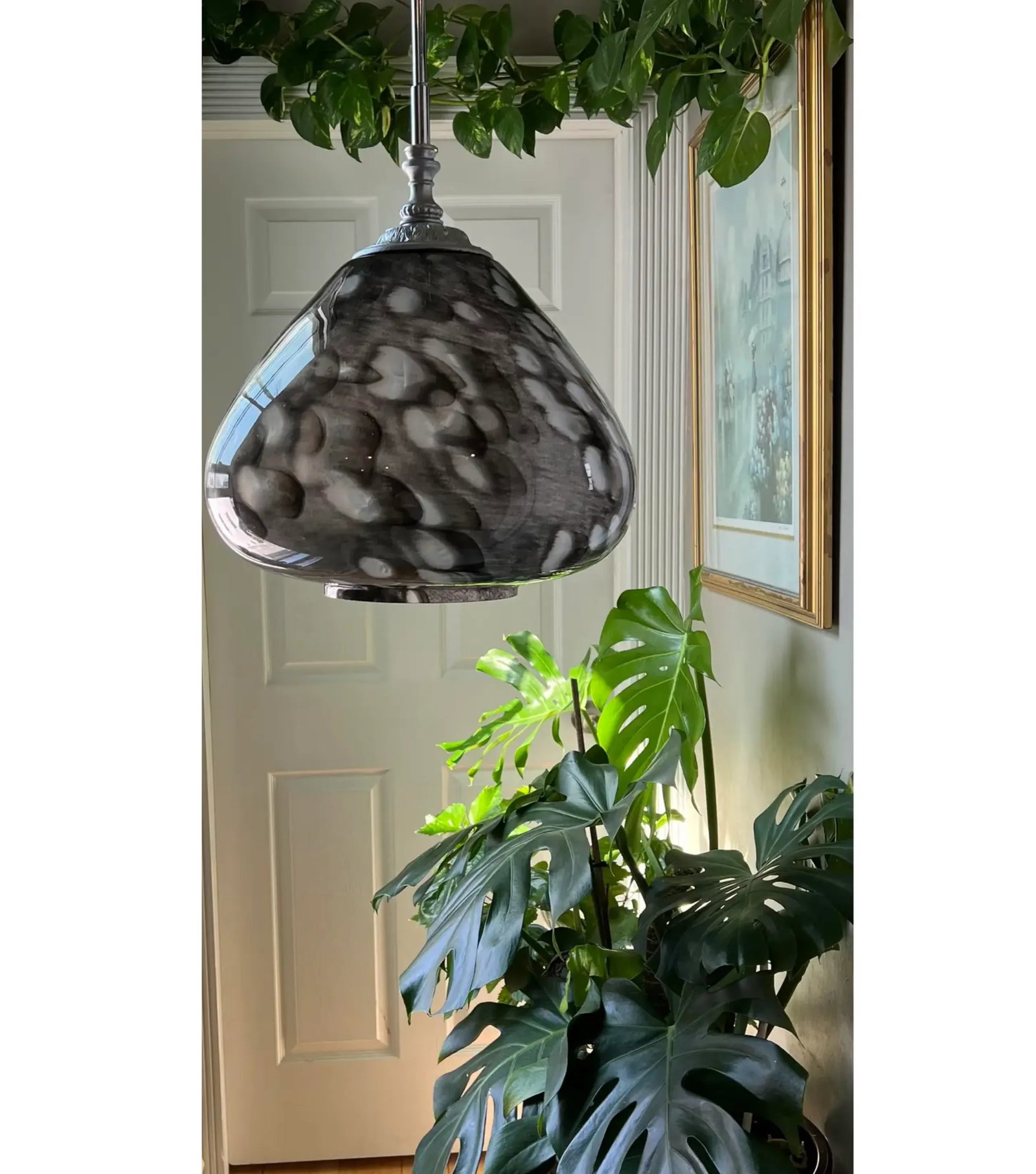 Vintage Abstract Gray White Oval Design Art Glass Pendant Light - 9