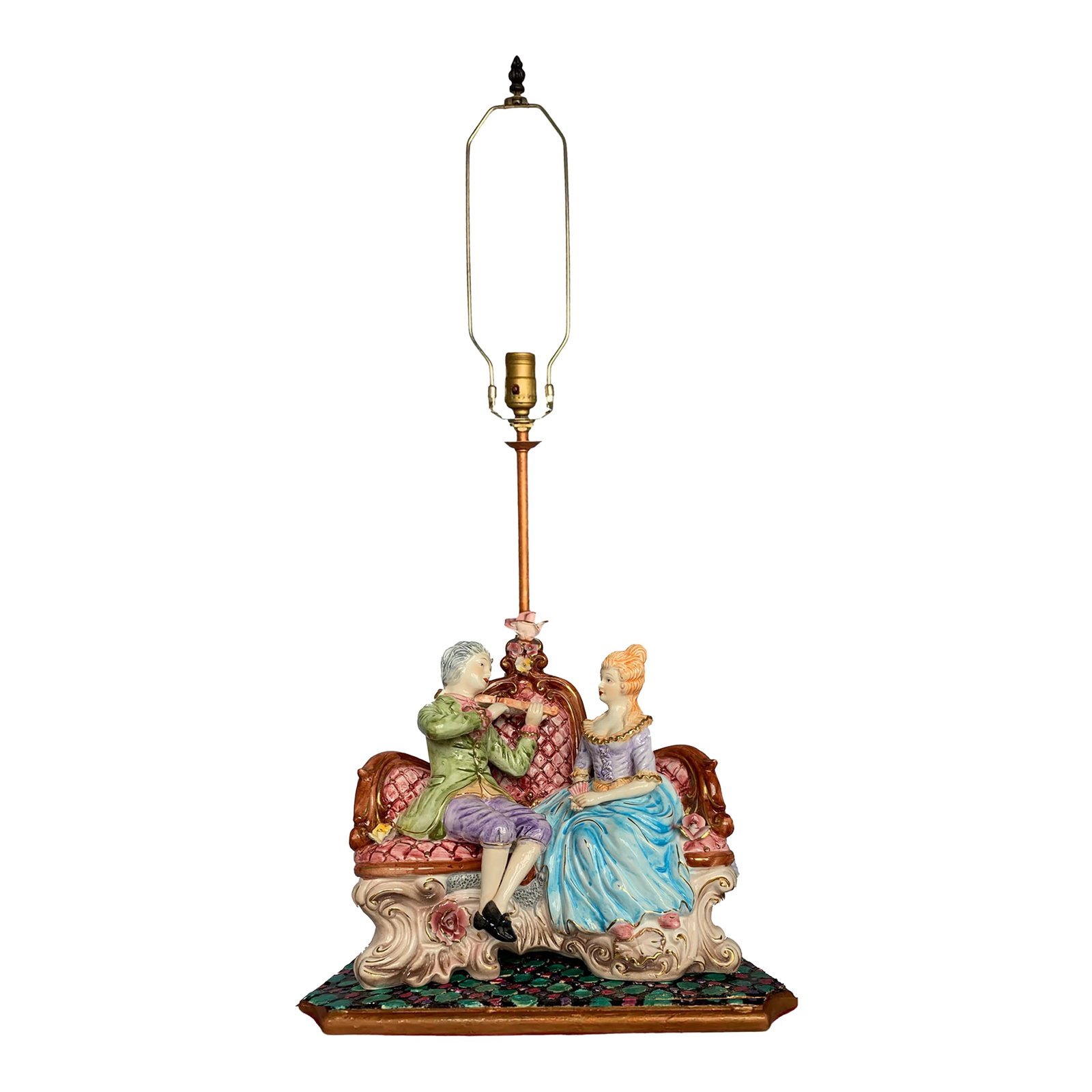 Mid-Century Capodimonte Porcelain Courting Couple Table Lamp: This exquisite Capodimonte porcelain figurine is a stunning work of craftsmanship, created by skilled artisans in Italy. The piece is a beautifully detailed representation of a young courting couple, 