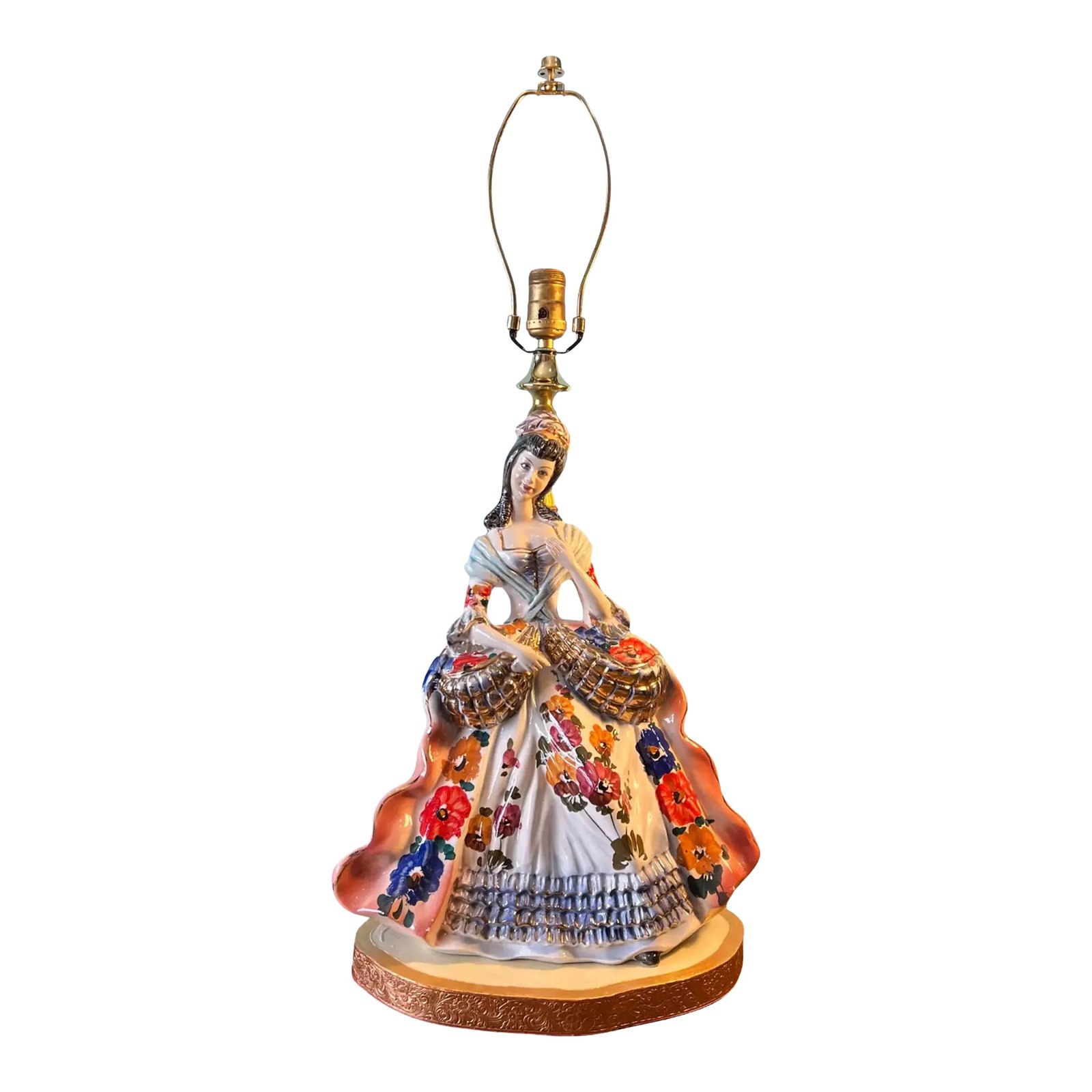 Capodimonte Porcelain Aristocratic Young Lady Table Lamp: This exquisite mid-century Capodimonte porcelain table lamp showcases the intricate craftsmanship of skilled Italian artisans. The lamp features a beautifully detailed depiction of a dark-haired lady 