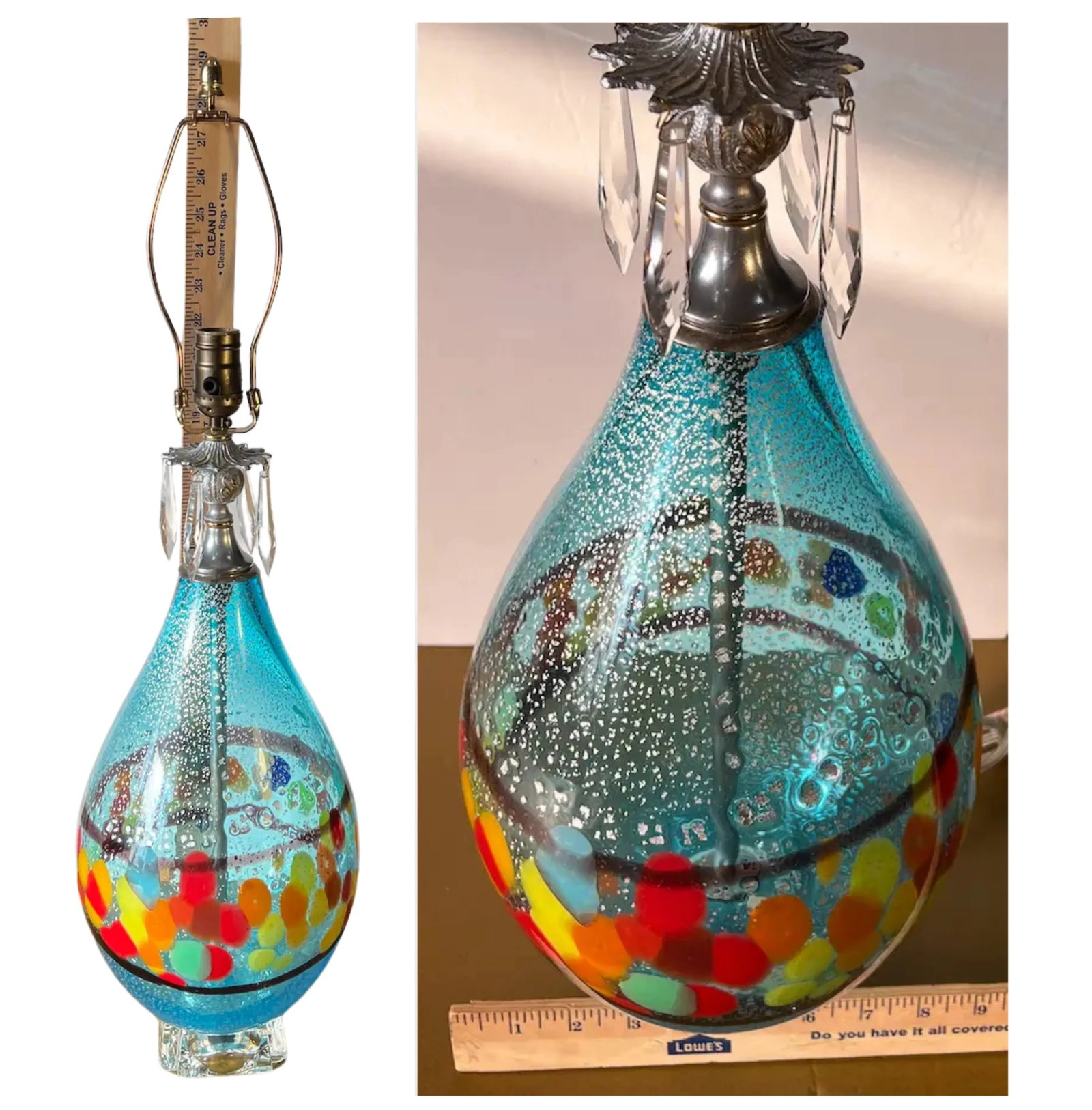 Silver Aventurine Aqua Blue Art Glass Table Lamp - 13
