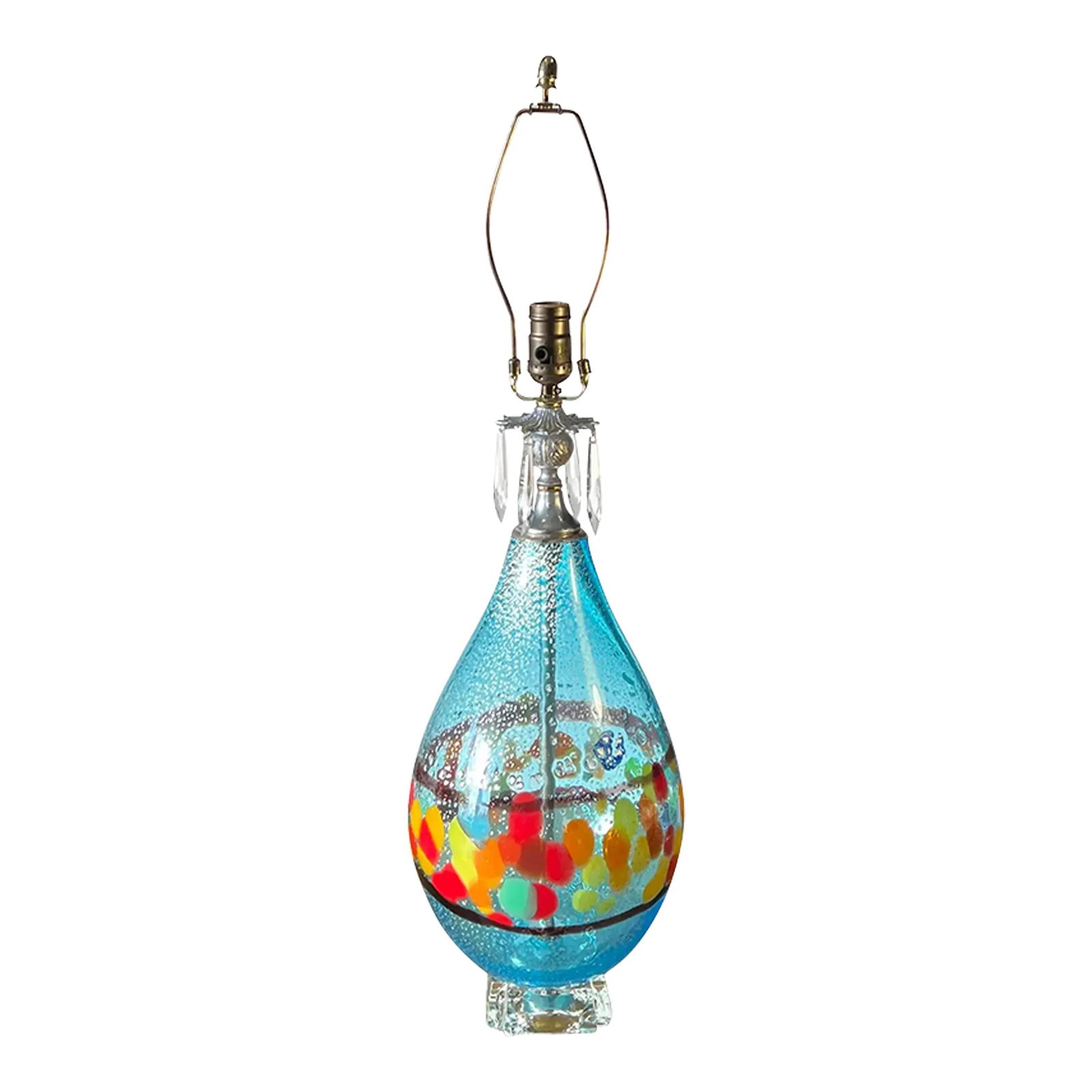 Silver Aventurine Aqua Blue Art Glass Table Lamp: This exquisite, one-of-a-kind lamp is a true fusion of artistry and craftsmanship, seamlessly blending hand-blown glass with vintage brass elements. Its striking, large pear-shaped body, hand blown