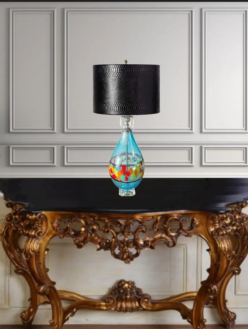 Silver Aventurine Aqua Blue Art Glass Table Lamp - 3