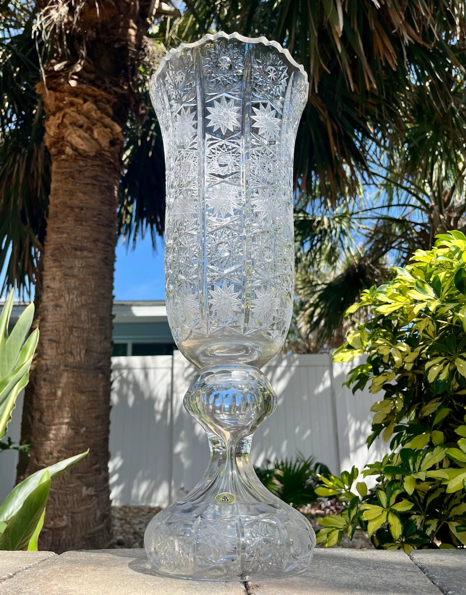 Large Vintage Bohemian Cut Crystal Footed Vase - 2