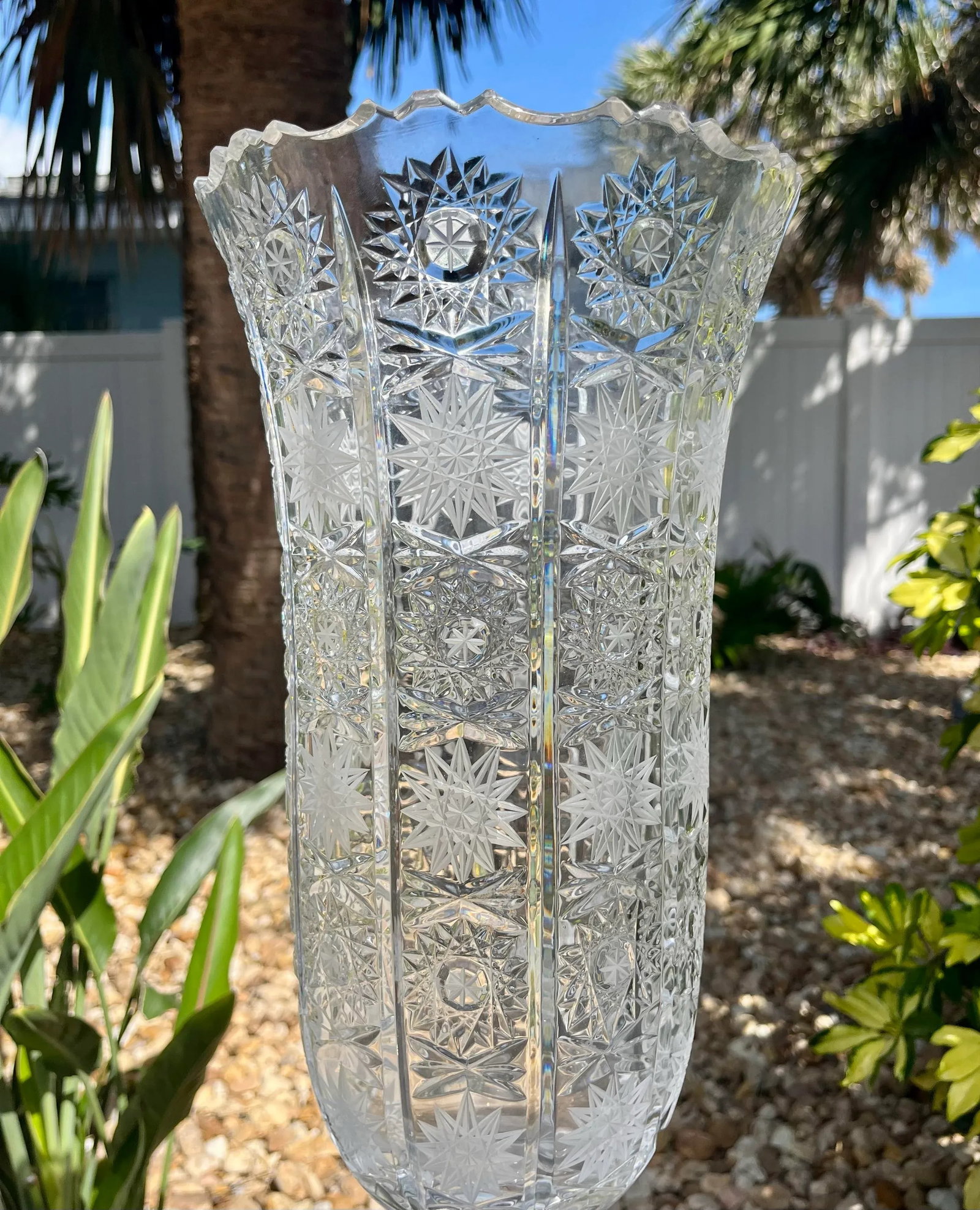 Large Vintage Bohemian Cut Crystal Footed Vase - 3
