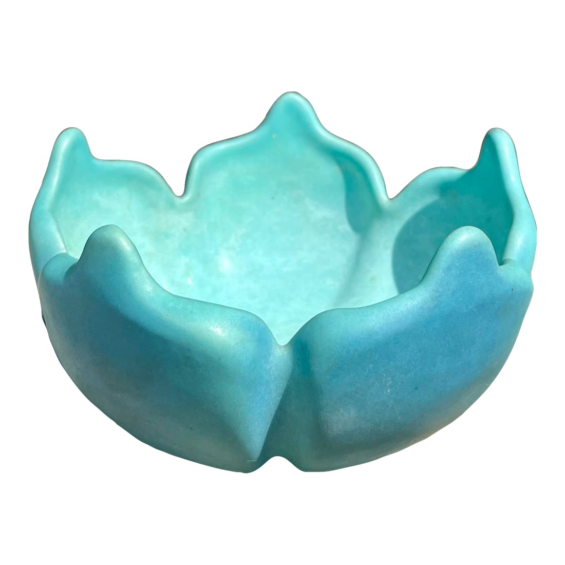 Mid 20th Century Van Briggle Pottery Turquoise Lotus Form Bowl: Van Briggle Pottery Lotus Bowl is a nature-inspired piece of American art pottery, characterized by its wide, rounded shape with flared edges resembling lotus petals. The bowl has a soft matte glaze