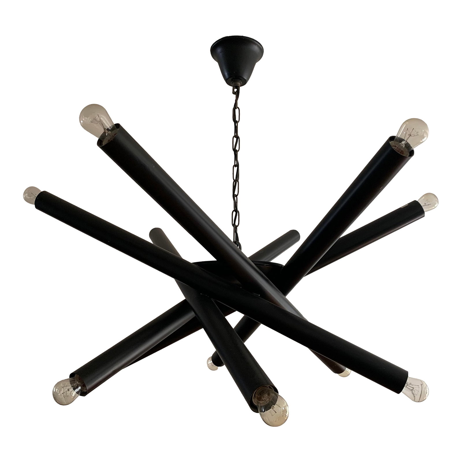 Tubular Sputnik Style Metal Chandelier: Tubular sputnik style black metal 12 light chandelier. Manufacturer unknown. Condition: Alterations: Original Condition Unaltered Imperfections: Some Imperfections Condition Notes: Very Good Origin: