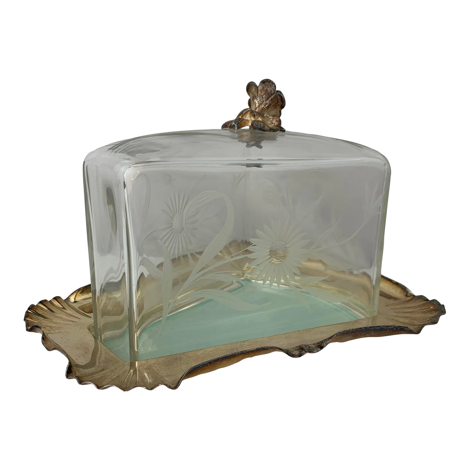 Antique Silverplate and Crystal Cheese Plate: Antique Silver and Crystal Cheese Plate with etched crystal lid and inner frosted glass removable plate for the cheese wedge. Condition: Alterations: Original Condition Unaltered Imperfections: Some I