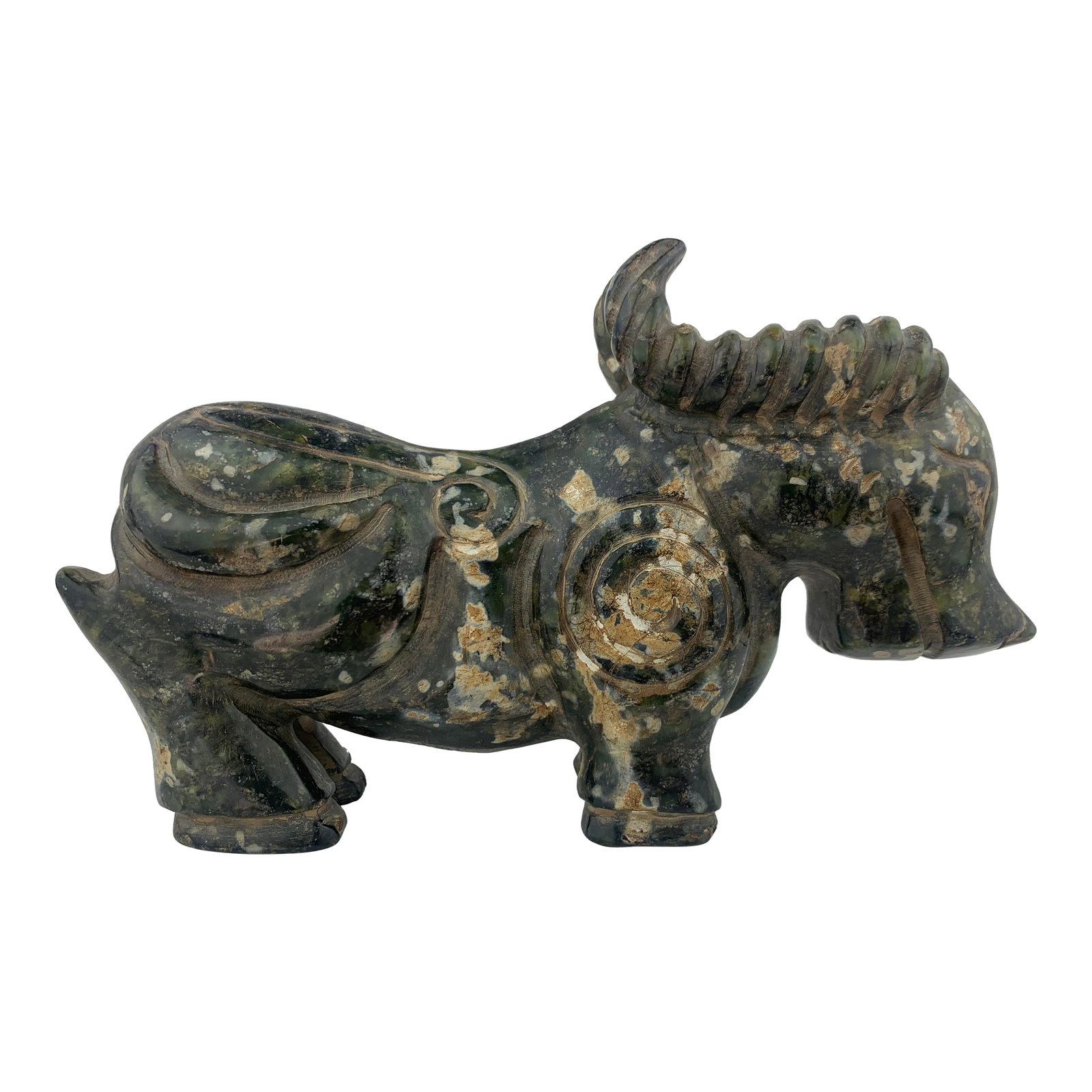 Mid 20th Century Chinese Hardstone Sculpture: Antique hand carved hardstone sculpture of a water buffalo. Variegated green tone and some russet or brown flecks and veining. The stone has a polished finished and appears cold and heavy to the