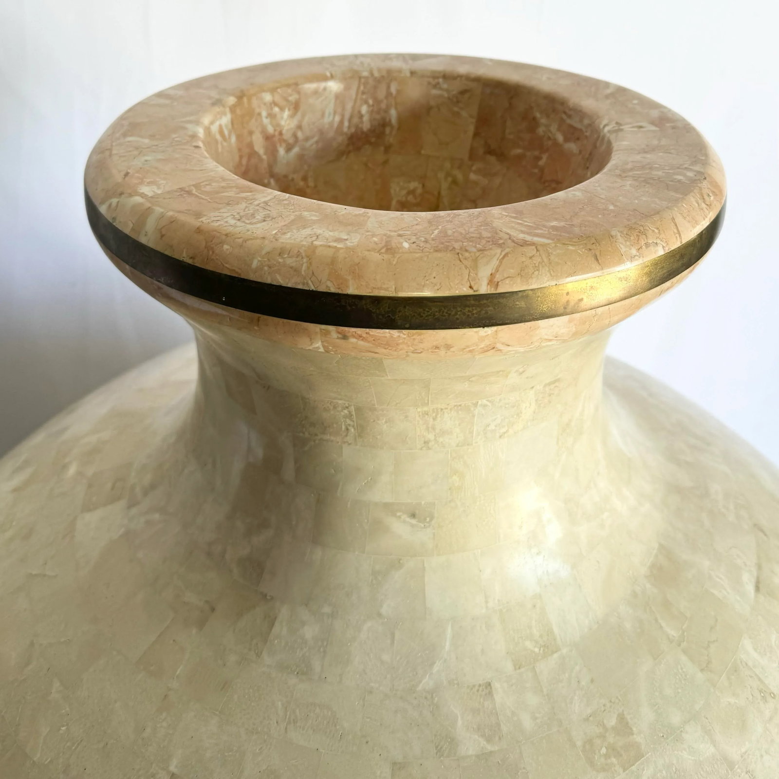 Monumental Polished Beige and Pink Tessellated Stone Floor Vase With Inlaid Brass - 10