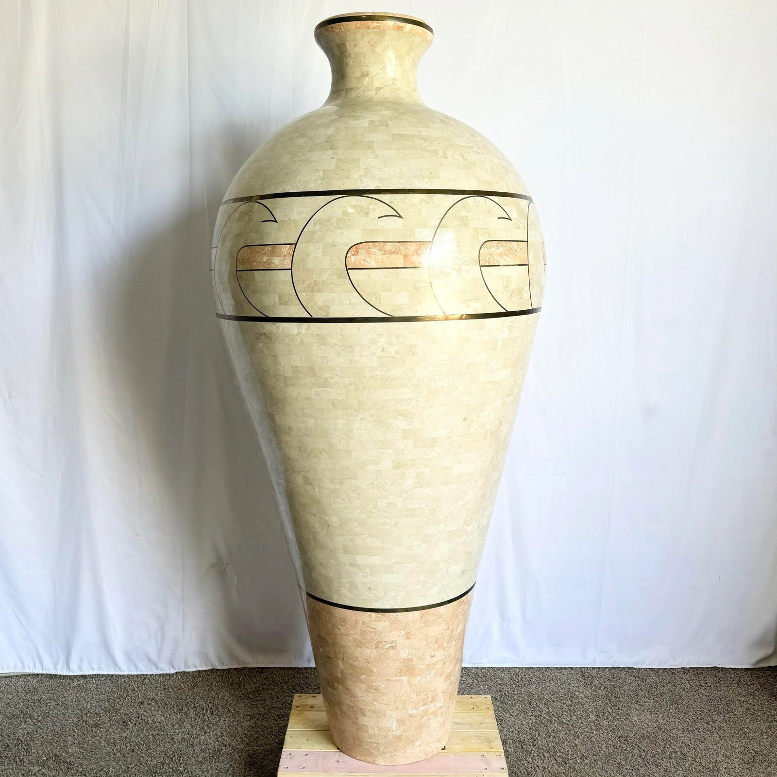 Monumental Polished Beige and Pink Tessellated Stone Floor Vase With Inlaid Brass - 12
