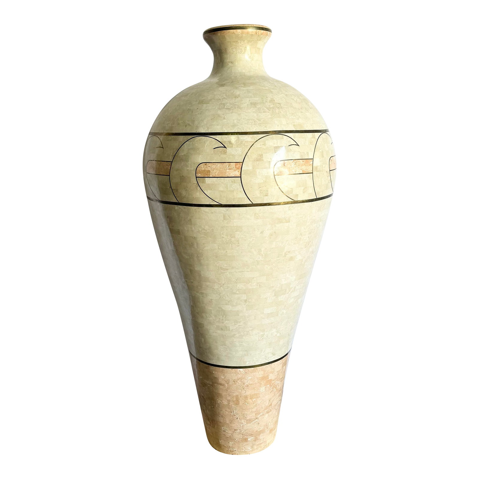 Monumental Polished Beige and Pink Tessellated Stone Floor Vase With Inlaid Brass: A breathtaking display of craftsmanship and scale, this monumental vintage floor vase features a tapered amphora form clad in polished tessellated stone. Swirls of blush pink and creamy beige are acce