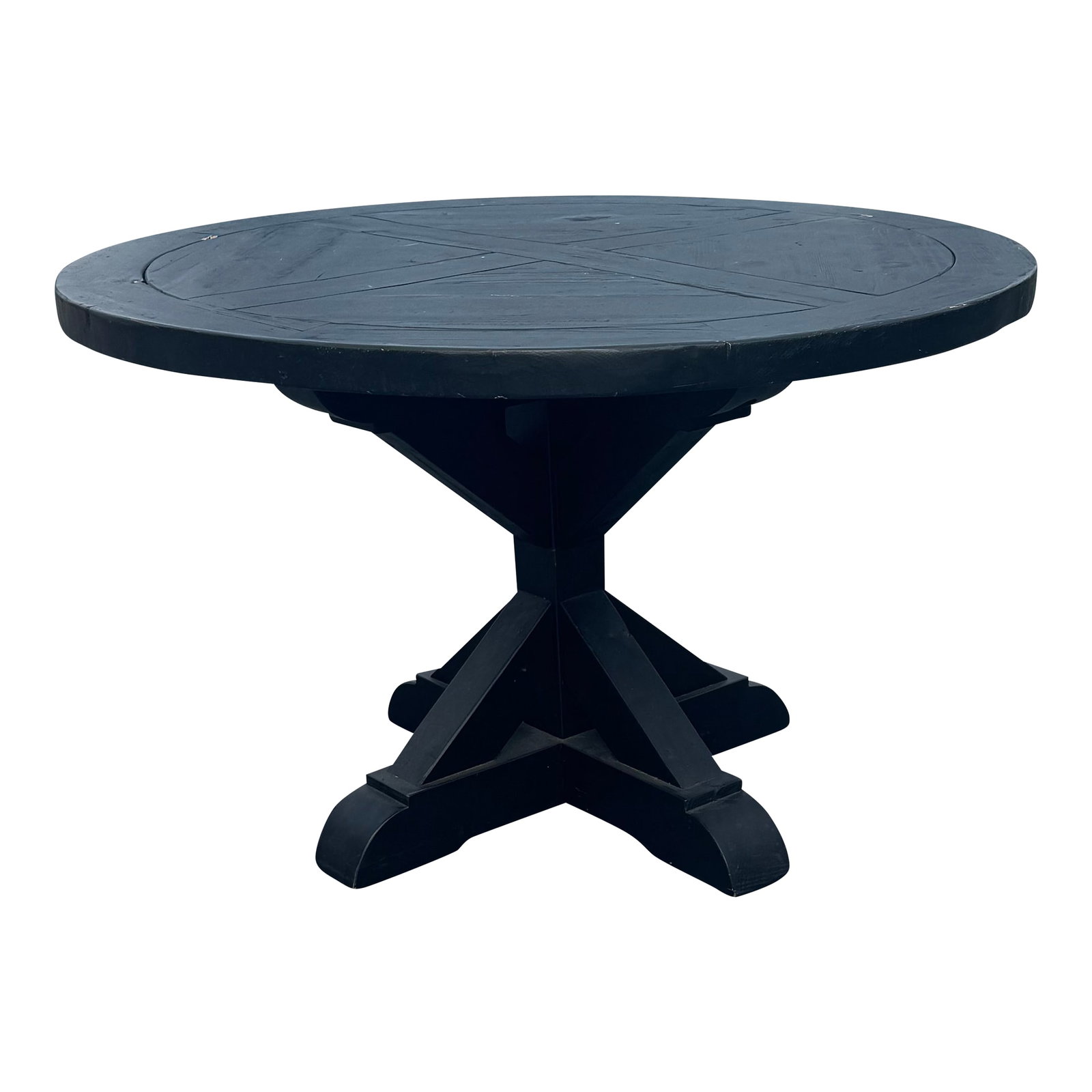 Vintage Solid Oak Round Pedestal Table Restoration Hardware: Heavy solid oak pedestal table in a soft black hardy finish. Perfectly proportioned. Expertly crafted with solid oak wood. Condition: Alterations: Original Condition Unaltered Imperfections: Some