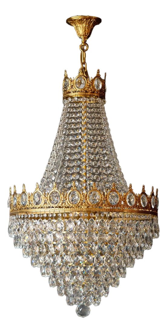 Handcrafted Crystal Chandelier Made of Solid Brass With Gold Finish: Handcrafted Crystal Chandelier made of Solid Brass with Gold Finish Twelve Light Ceiling Fixture with Hand Tied Crystals – Diameter 62 cm Height 95 cm Total Height 120 cm – In House