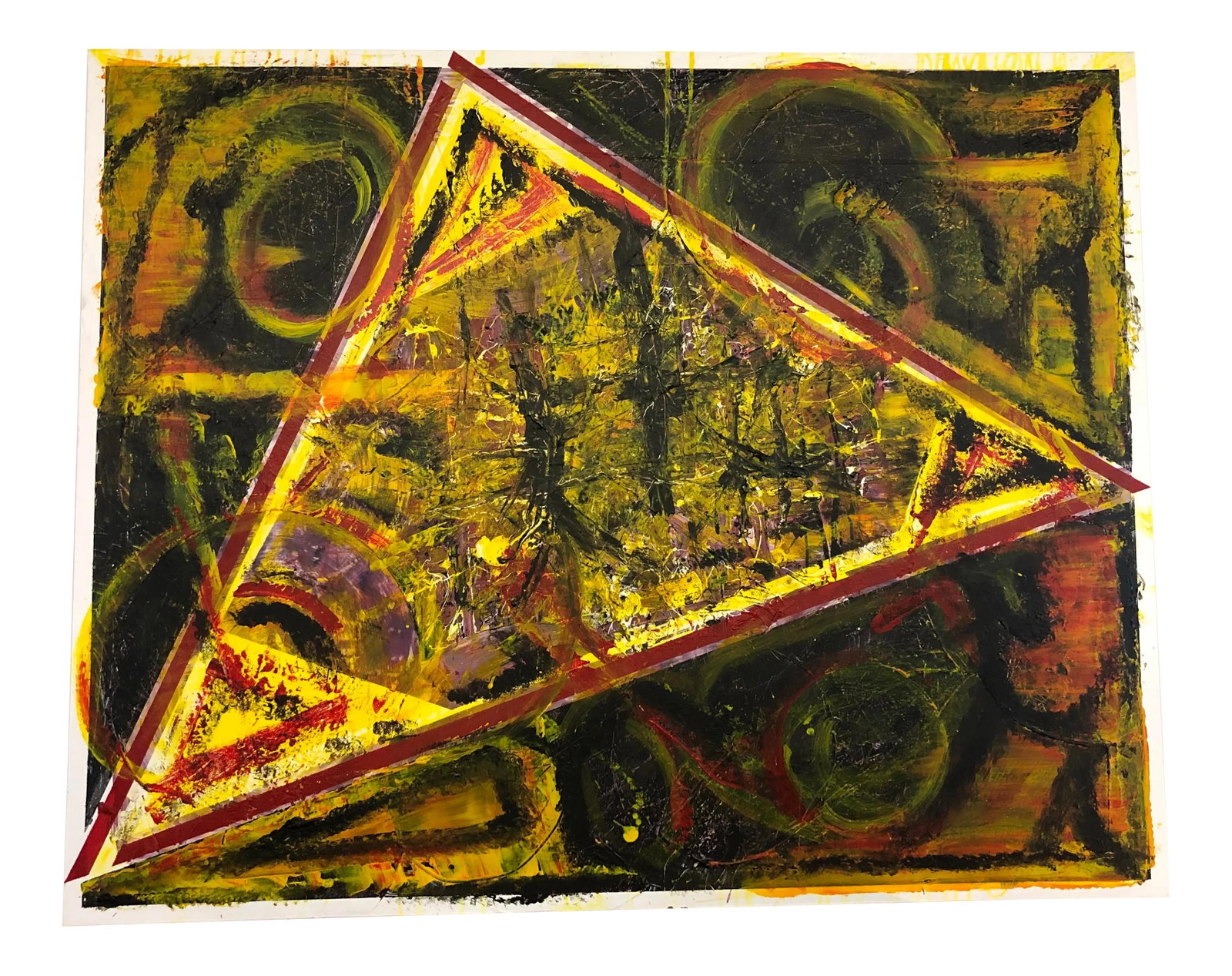 Abstract Original Acrylic Painting on Canvas Wrapped Wood Frame: Large abstract painting on canvas wrapped wood frame. Most prominent colors are yellow, black, red and purple with a white around the edges. Geometric elements. Unsigned, statement piece. 60" wide,