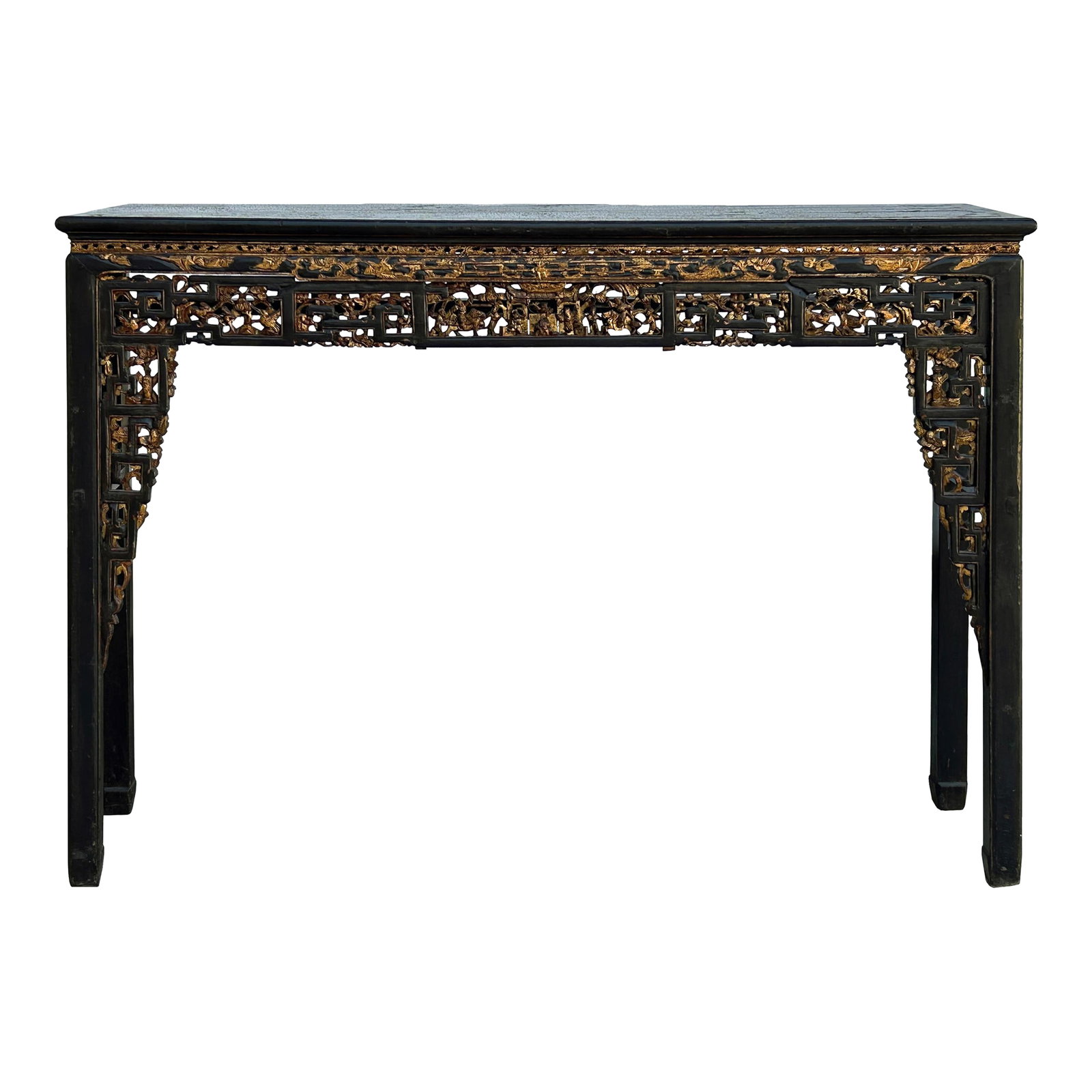Chinese Vintage Black Golden Carving Motif Tall Altar Console Table: The Chinese Vintage Fujian Black Golden Carving Motif Tall Altar Shrine Offering Console Table is a captivating and culturally inspired furniture piece that exudes a sense of grandeur and historical s