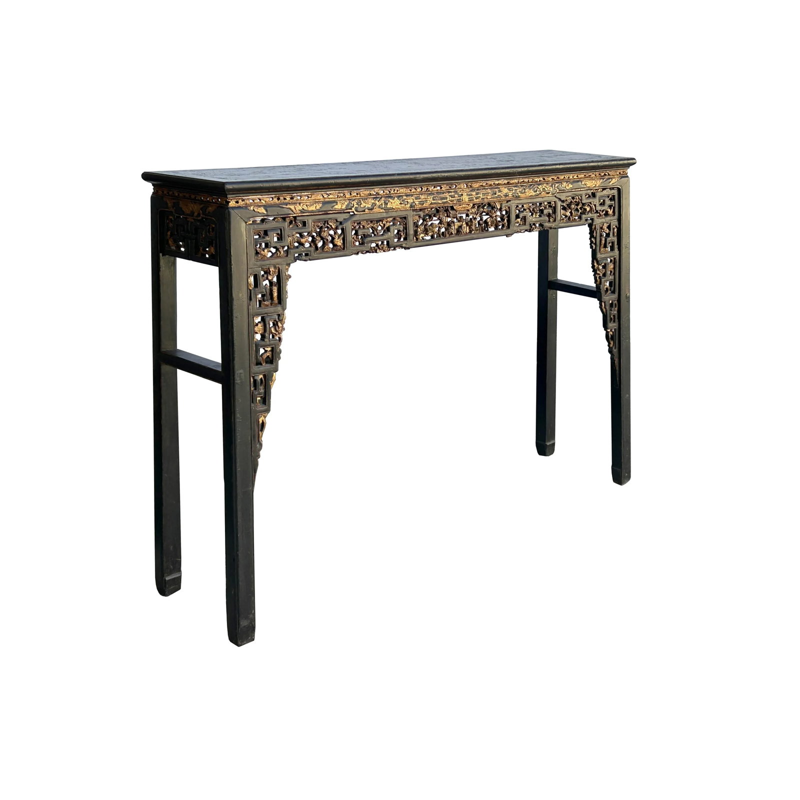 Chinese Vintage Black Golden Carving Motif Tall Altar Console Table - 4
