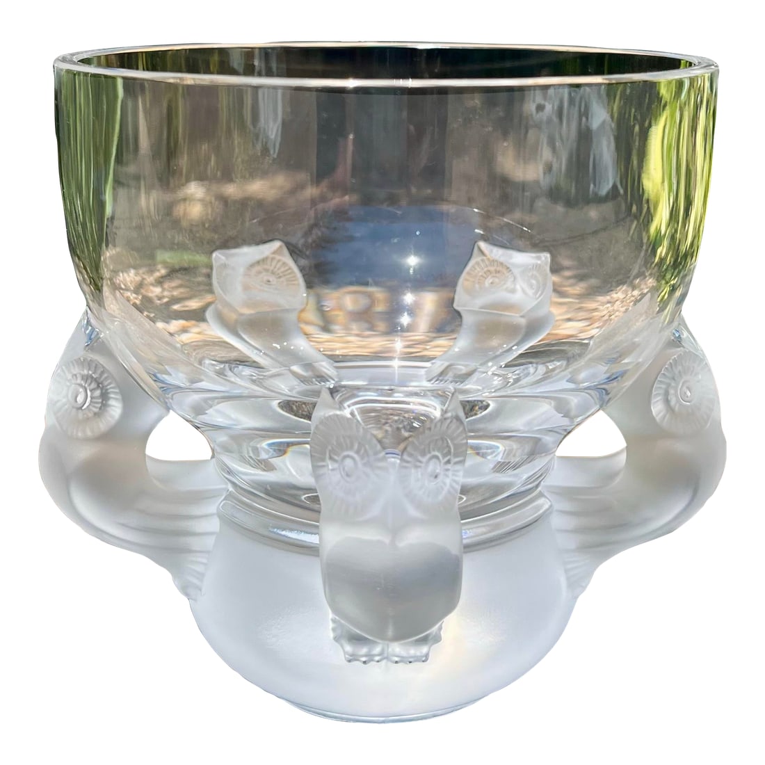 Mid 20th Century Lalique Hiboux (France) Crystal Owl Vase: Clear crystal glass vase bowl with a perched scene of frosted owls. Marked to underside. Condition: Alterations: Original Condition Unaltered Imperfections: Some Imperfections Condition Notes: Good co