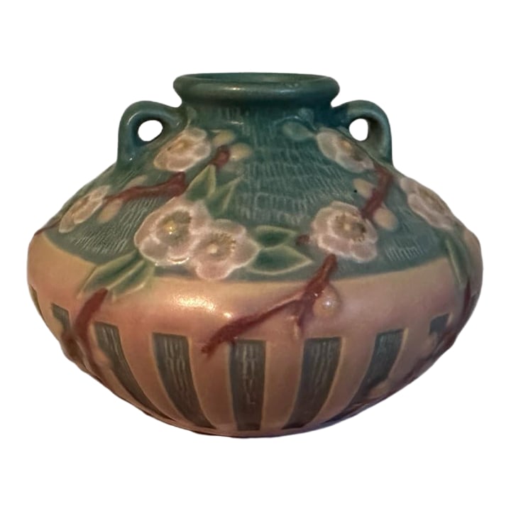 Vintage 1930s Roseville Pottery Cherry Blossom Jardiniere Vase in Pink & Green (1 of 5)