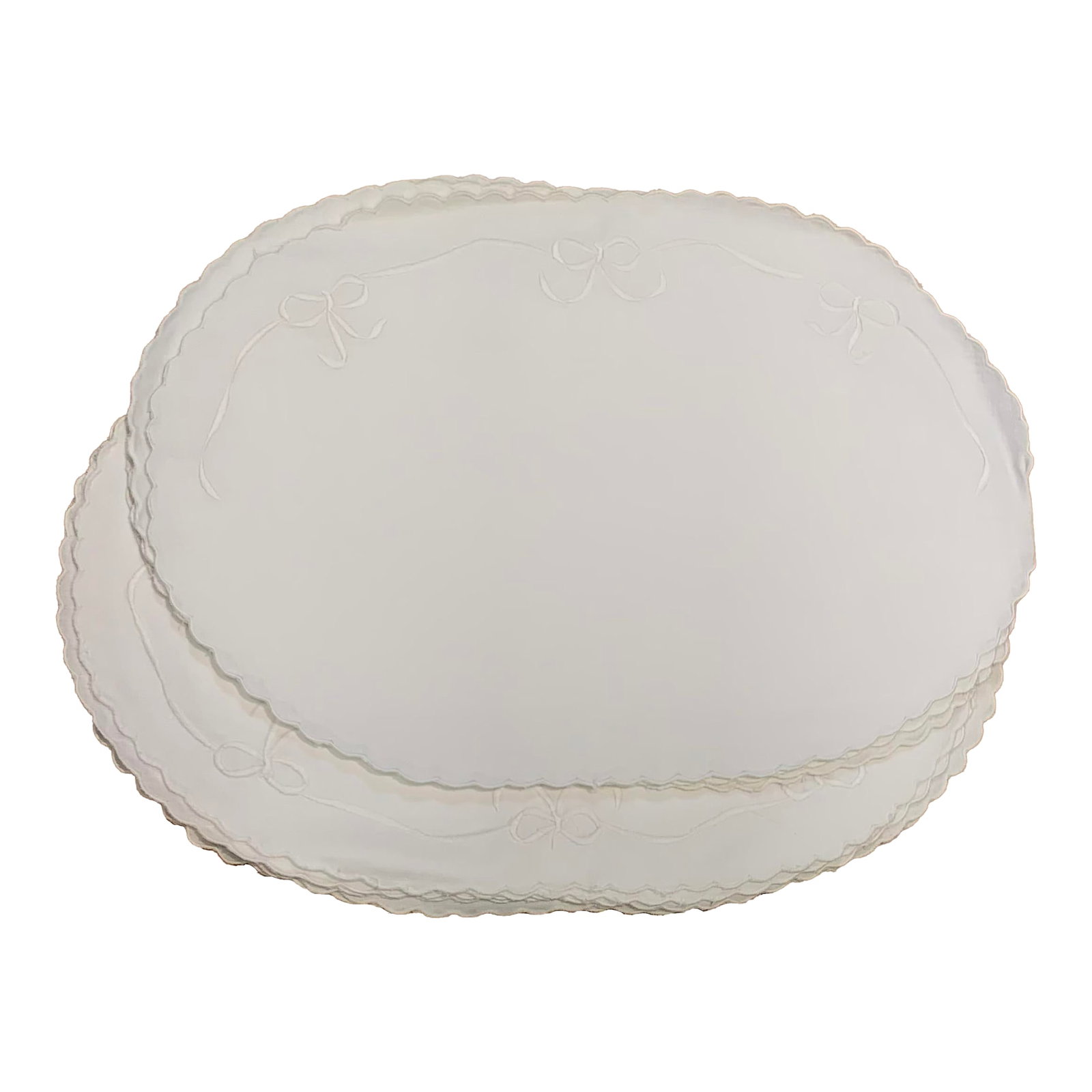 Antique Oval Placemats With Small Scalloped Edge- Set of 16: A set of 16 antique oval placemats with small scalloped edge and silk embroidered ribbon and bow on top edge. Condition: Alterations: Original Condition Unaltered Imperfections: Some Imperfections