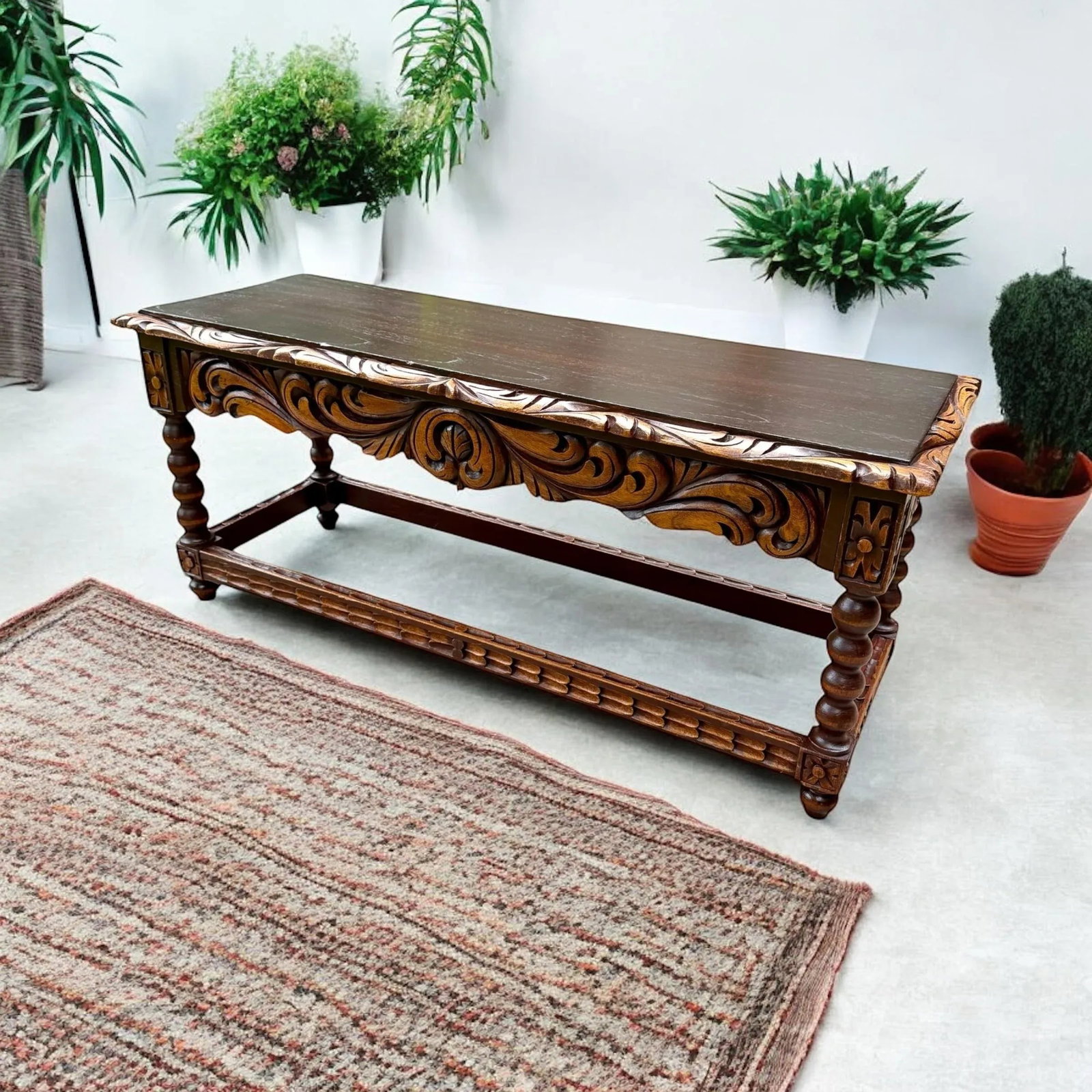 Spanish Baroque Carved Wood Arts & Crafts Hall Bench Seat - 14