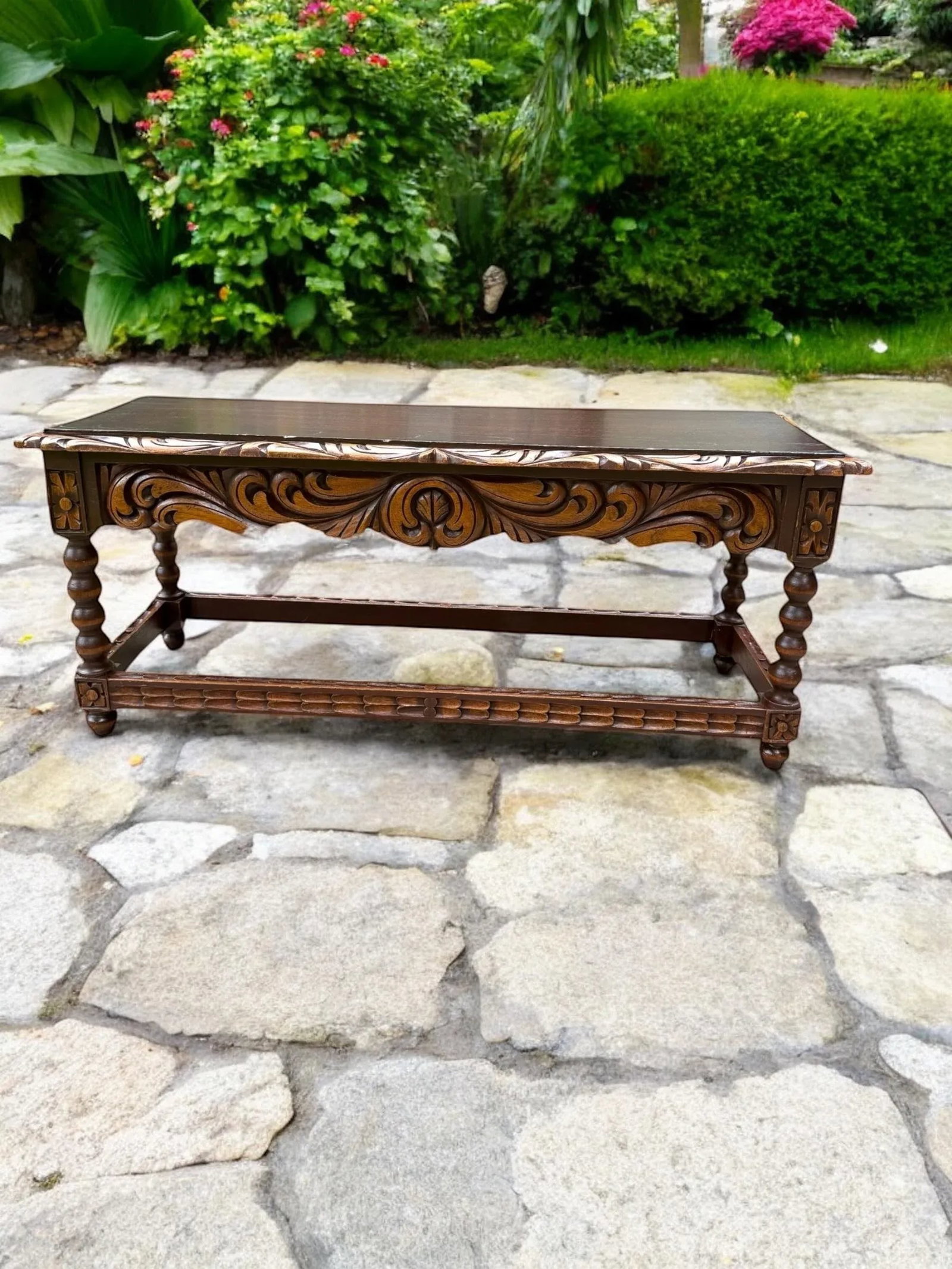 Spanish Baroque Carved Wood Arts & Crafts Hall Bench Seat - 16
